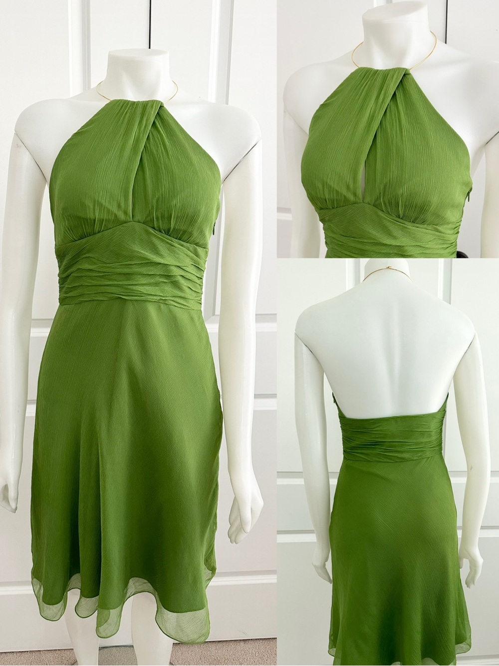 100% Silk Green Necklace Halter Ruched Waist Dress - Wedding Guest / Euro Summer
